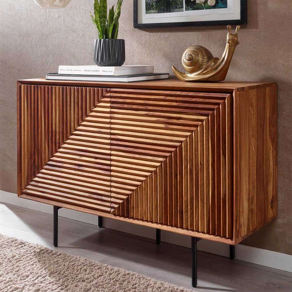 Design Sideboard aus Sheesham Massivholz Vierfußgestell Metall