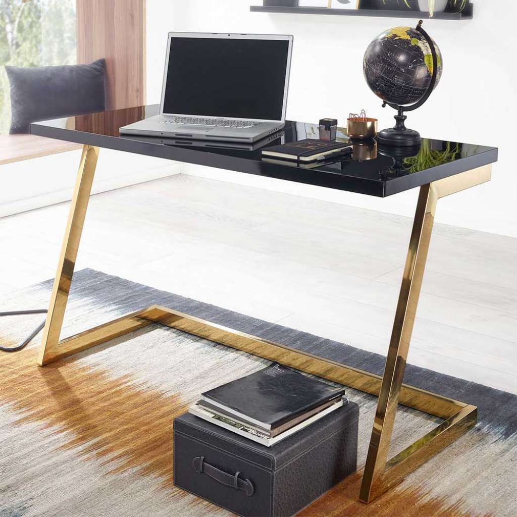 Schreibtisch Home Office in Schwarz Hochglanz Goldfarben