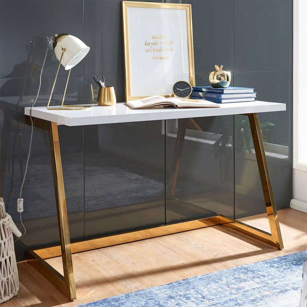 Designschreibtisch in Weiß Hochglanz Goldfarben