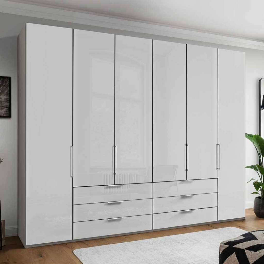 Glasfront Kleiderschrank in Weiß & Hellgrau sechs Schubladen