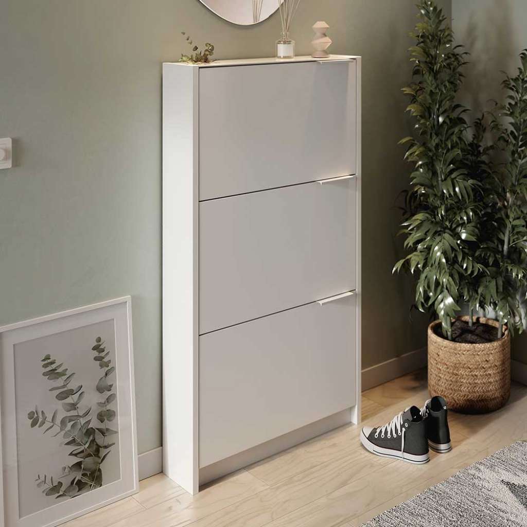 Schuhschrank flach mit drei Schuhklappen Metallkörben