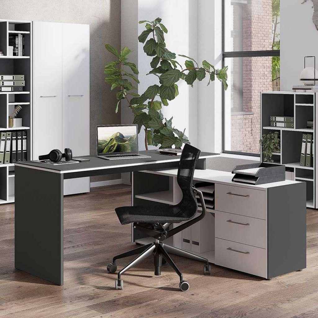 Schreibtisch mit Schrank in Weiß Dunkelgrau