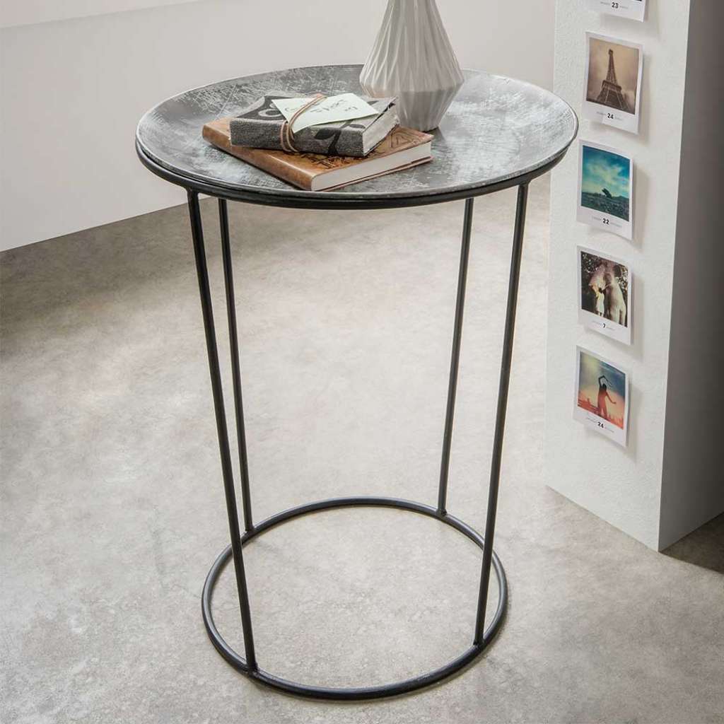 Runder Telefontisch aus Metall Schwarz und Zink