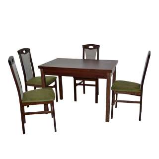 Esszimmersitzgruppe in Nussbaumfarben und Grün Tisch ausziehbar (fünfteilig)