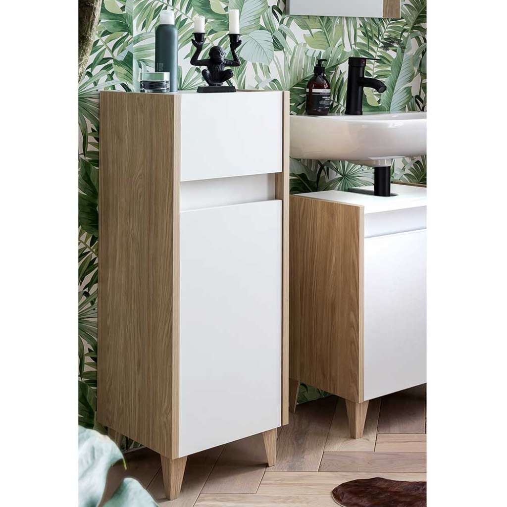 Badezimmer Unterschrank in Weiß und Eiche hell Schublade und Tür