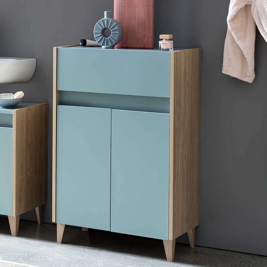 Bad Unterschrank in Hellblau und Eiche hell 90 cm hoch 2 türig