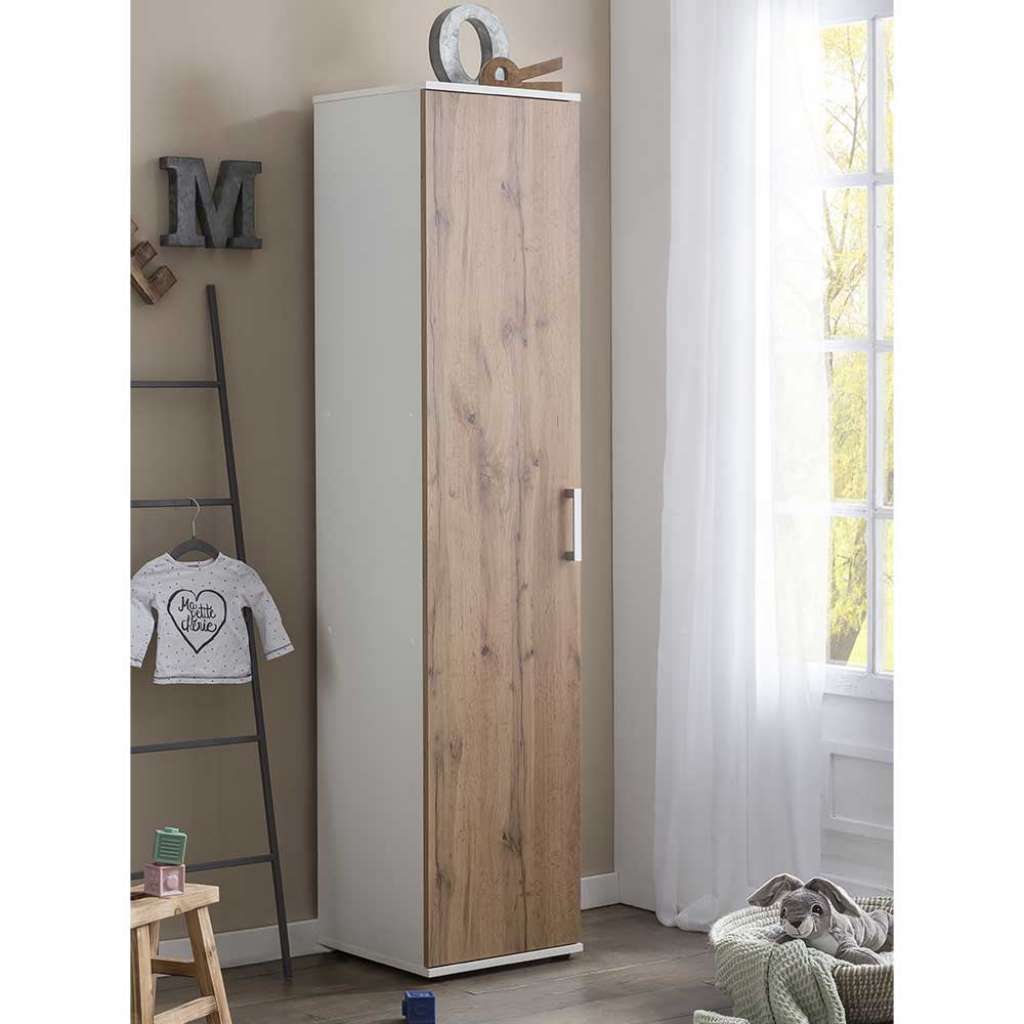 Schmaler Babyzimmer Schrank 40 cm breit Wildeichefarben und Weiß