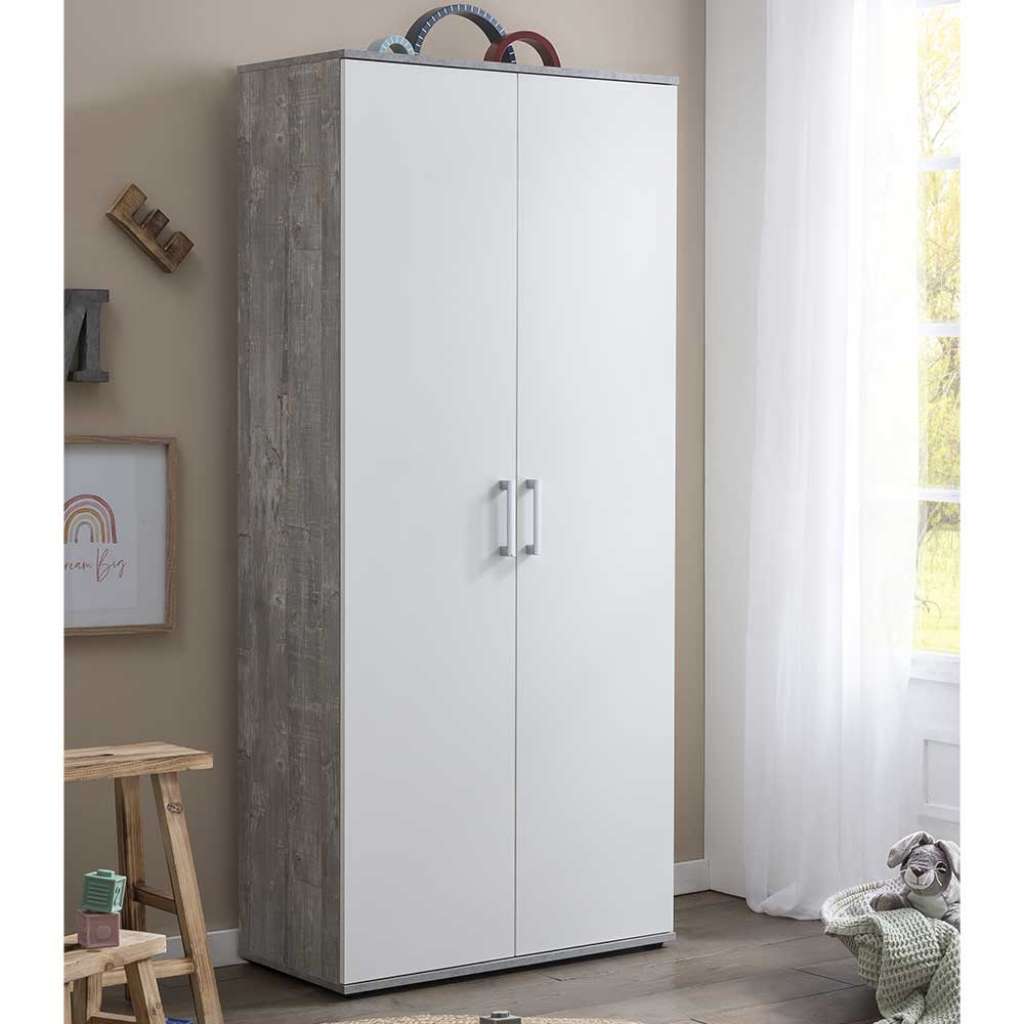 Schrank Kinderzimmer in Beton Grau und Weiß 178 cm hoch