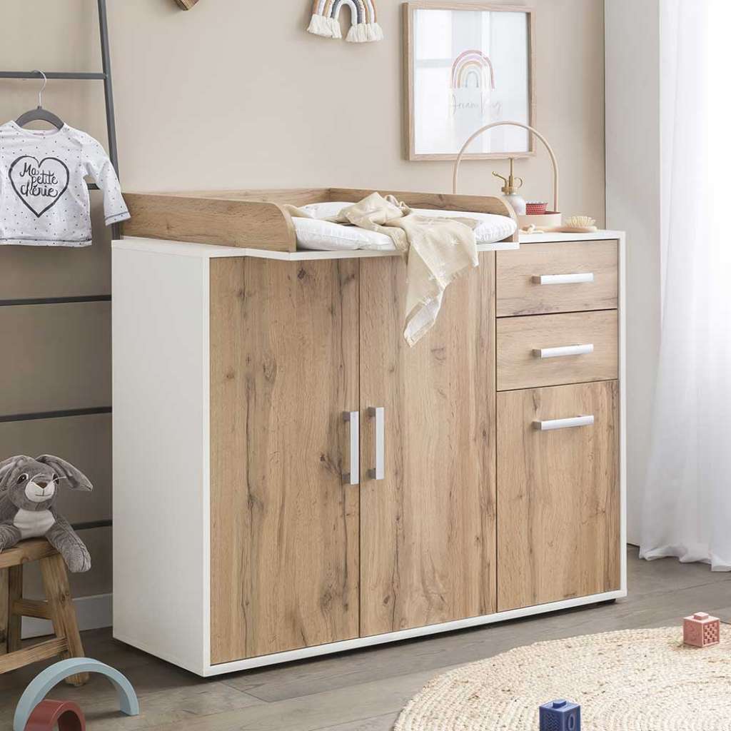 Holzoptik Wickelkommode in Wildeichefarben Weiß