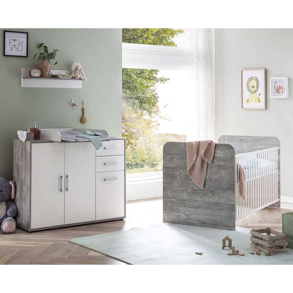 Babyzimmer Komplettset in Beton Grau Weiß (dreiteilig)