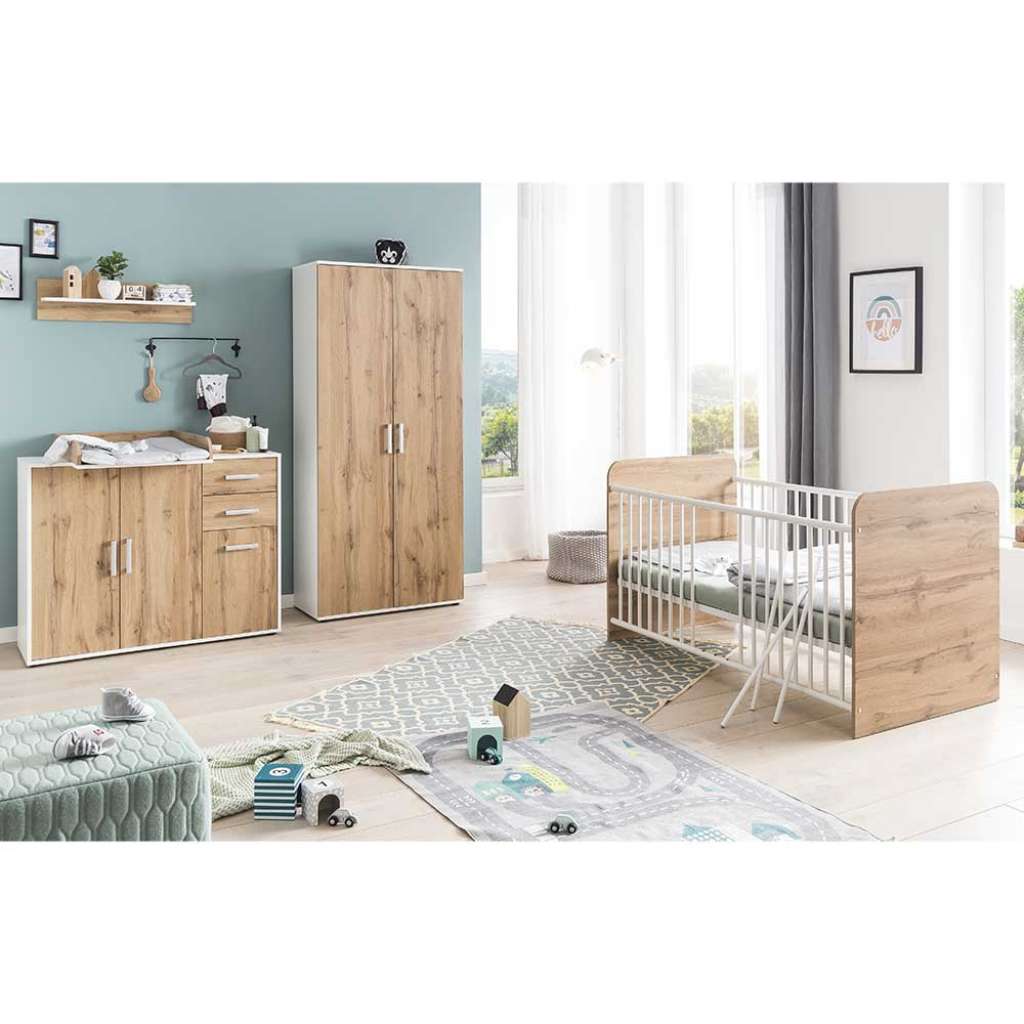 Babyzimmer Komplettset in Wildeichefarben Weiß (vierteilig)