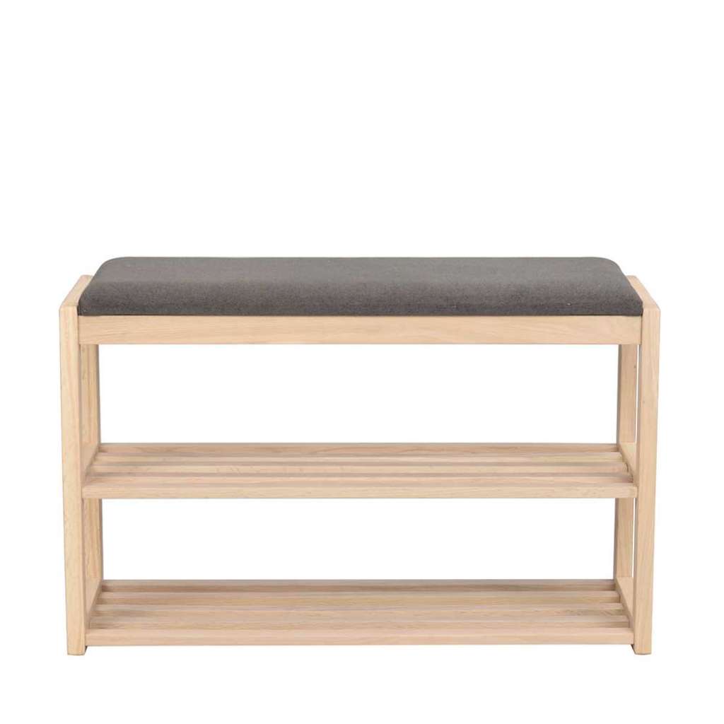 Holz Dielenbank in Eiche White Wash mit grauem Sitzpolster