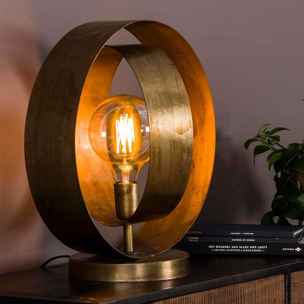 Runde Tischleuchte in Antik Goldfarben Metall