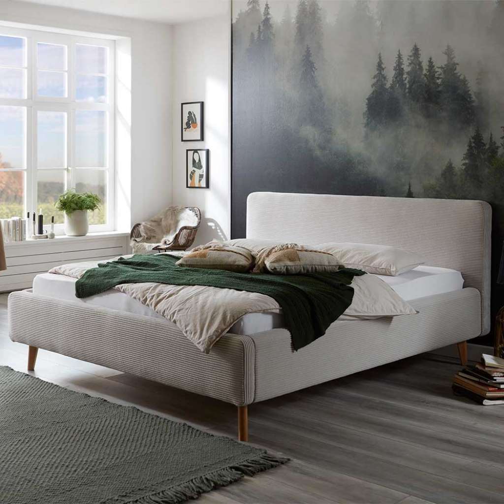 Polsterbett in Beige mit Cordbezug Vierfußgestell aus Holz