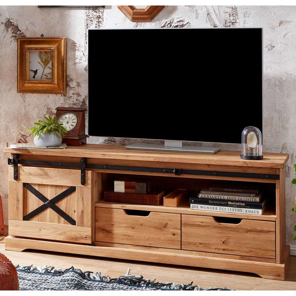 Landhaus TV Lowboard aus Wildeiche Massivholz Schiebetür