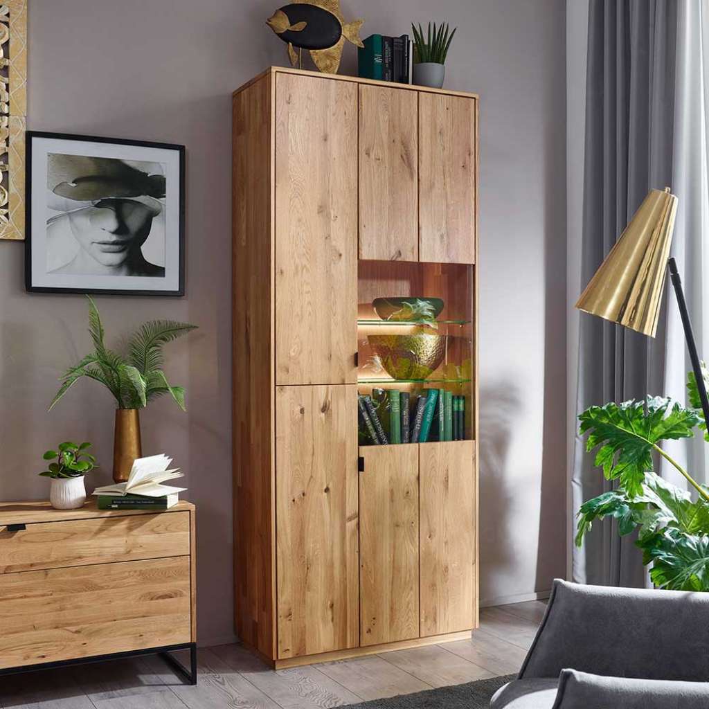 Großer Wohnzimmer Schrank aus Wildeiche Massivholz Glastür