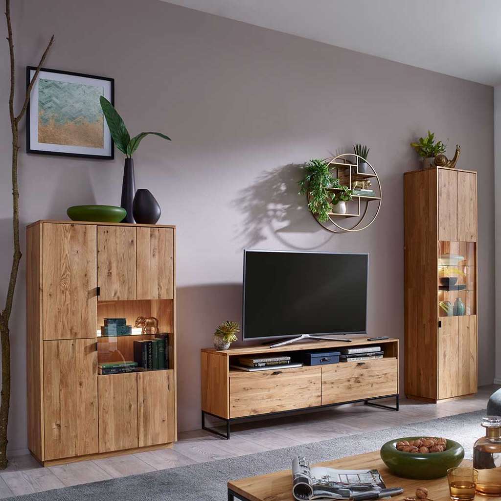 Holz Design Wohnwand in Wildeichefarben Schwarz (dreiteilig)