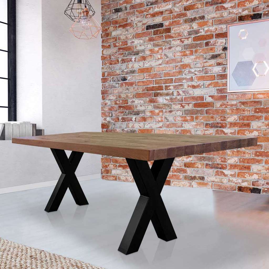 Esstisch aus Wildeiche Massivholz und Metall 100 cm tief