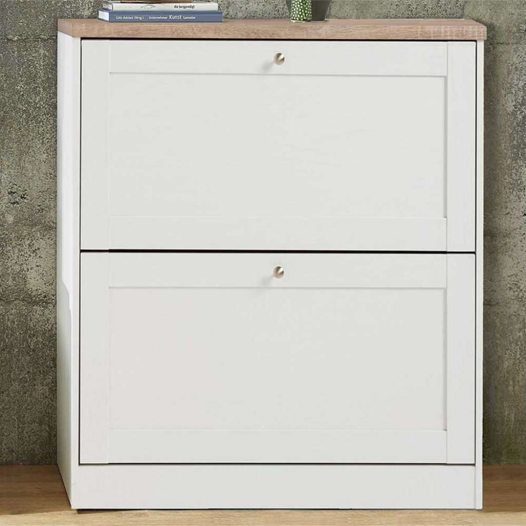 Landhaus Schuhschrank in Weiß und Sonoma Eiche 90 cm hoch