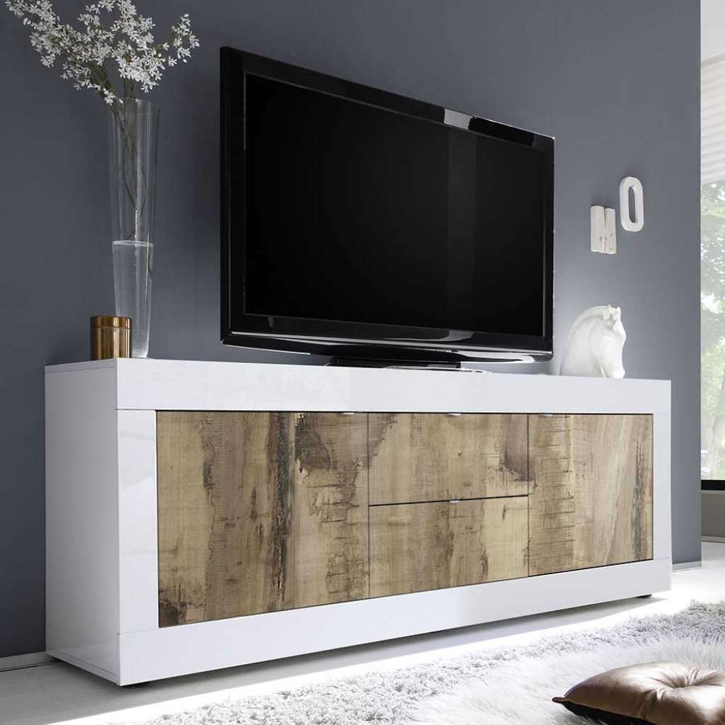 Modernes TV Sideboard in Weiß & Holz verwittert 210 cm breit