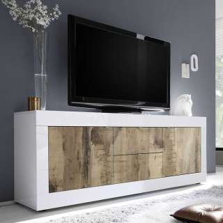 Modernes TV Sideboard in Weiß & Holz verwittert 210 cm breit