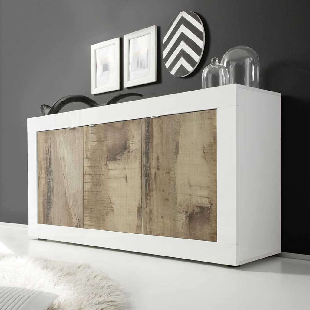 Modernes Sideboard in Weiß & Holz verwittert 3 türig