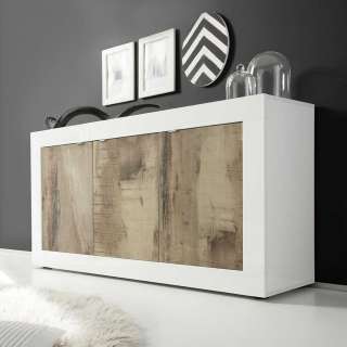 Modernes Sideboard in Weiß & Holz verwittert 3 türig