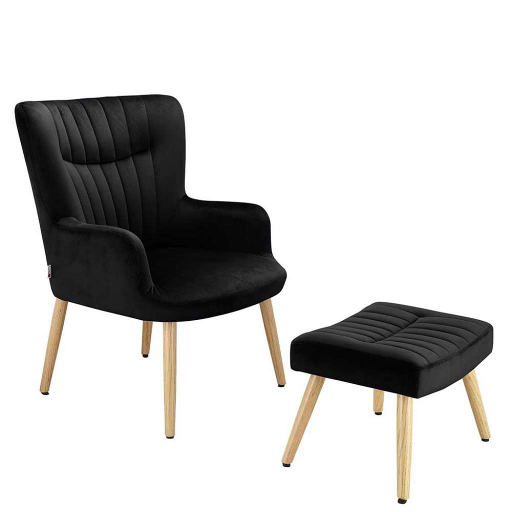 Sessel mit Fußhocker in Schwarz Samt Eichefarben (zweiteilig)