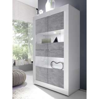 Wohnzimmer Vitrinenschrank in Beton Grau Hochglanz weiss