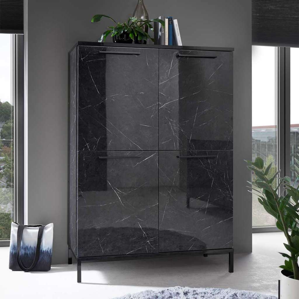 Hochglanz Highbord in Schwarz Vierfußgestell aus Metall