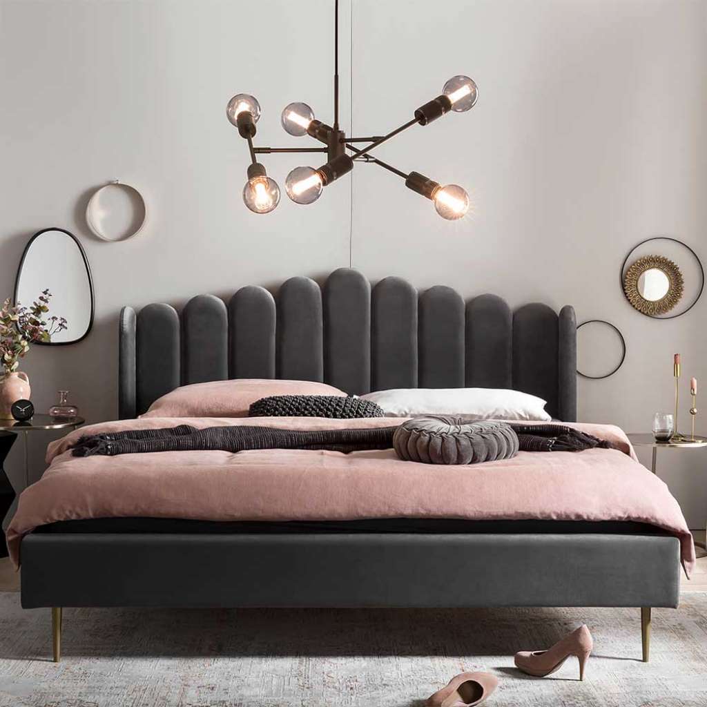 Retro Samtbett in Grau und Gold Vierfußgestell aus Metall