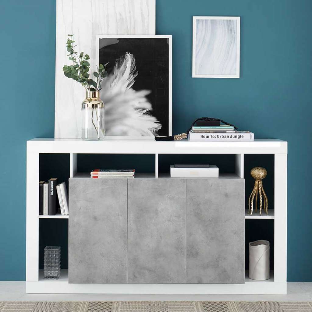 Esszimmersideboard modern in Weiß Hochglanz Beton Grau