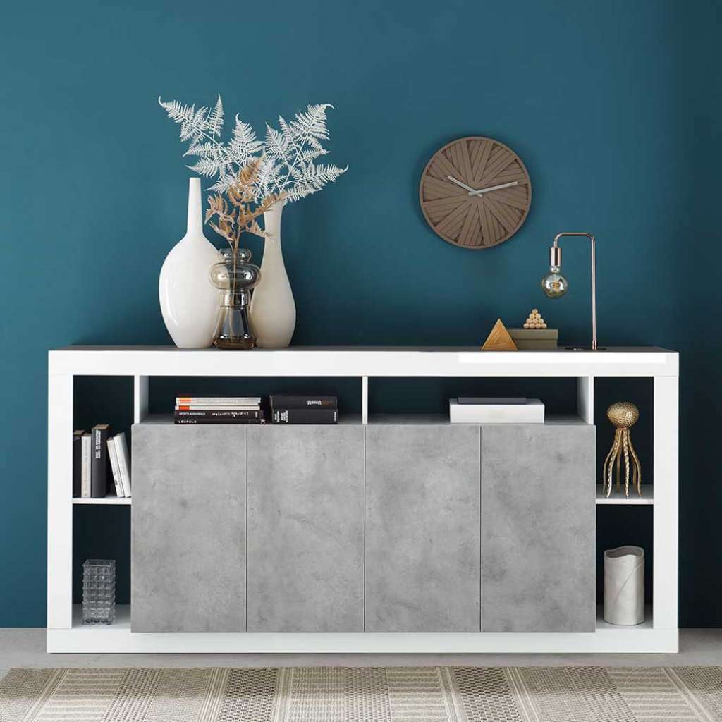 Sideboard mit offenen Fächern in Beton Grau Weiß Hochglanz