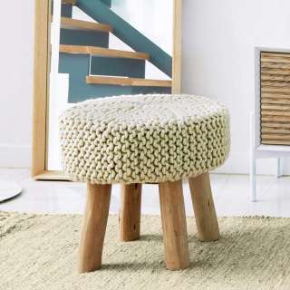 Hocker im Skandi Design Strickstoff und Massivholz