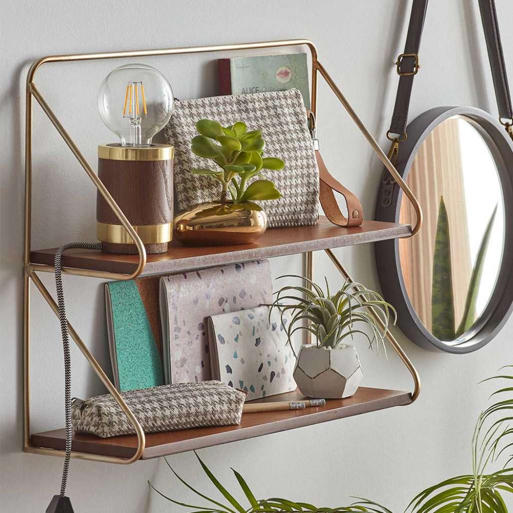 Retro Stil Wandregal in Nussbaumfarben Gold