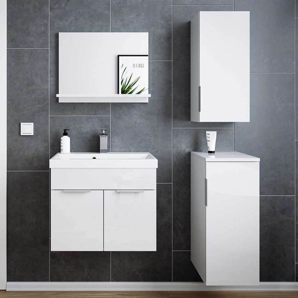 Badezimmermöbel Set Gäste in Weiß Hochglanz Wandmontage (vierteilig)