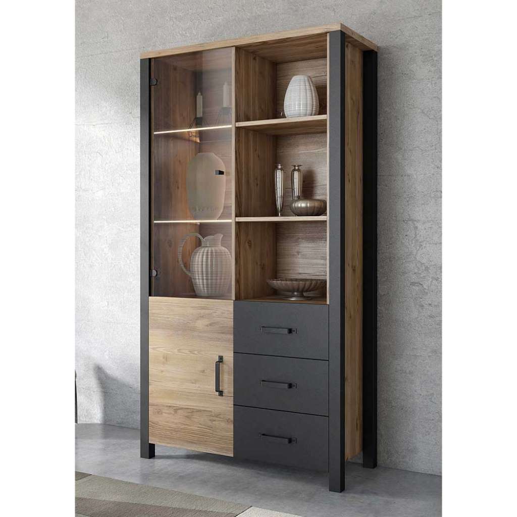 Factory Vitrinenschrank mit Holz- und Glastür offenen Fächern