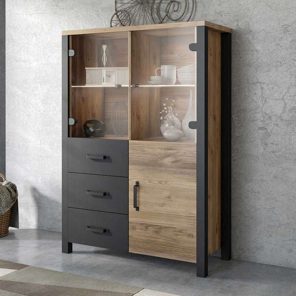Wohnzimmer Vitrinenschrank im Industry und Loft Stil drei Schubladen