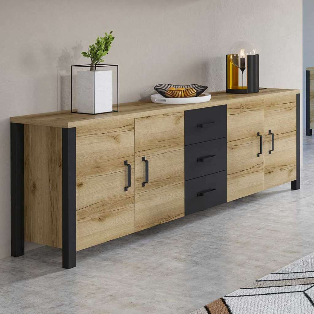 XXL Sideboard in Eichefarben und Schwarz 3 Schubladen und 4 Türen