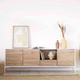 Skandi Stil Sideboard in Eschefarben und Weiß Vierfußgestell aus Metall