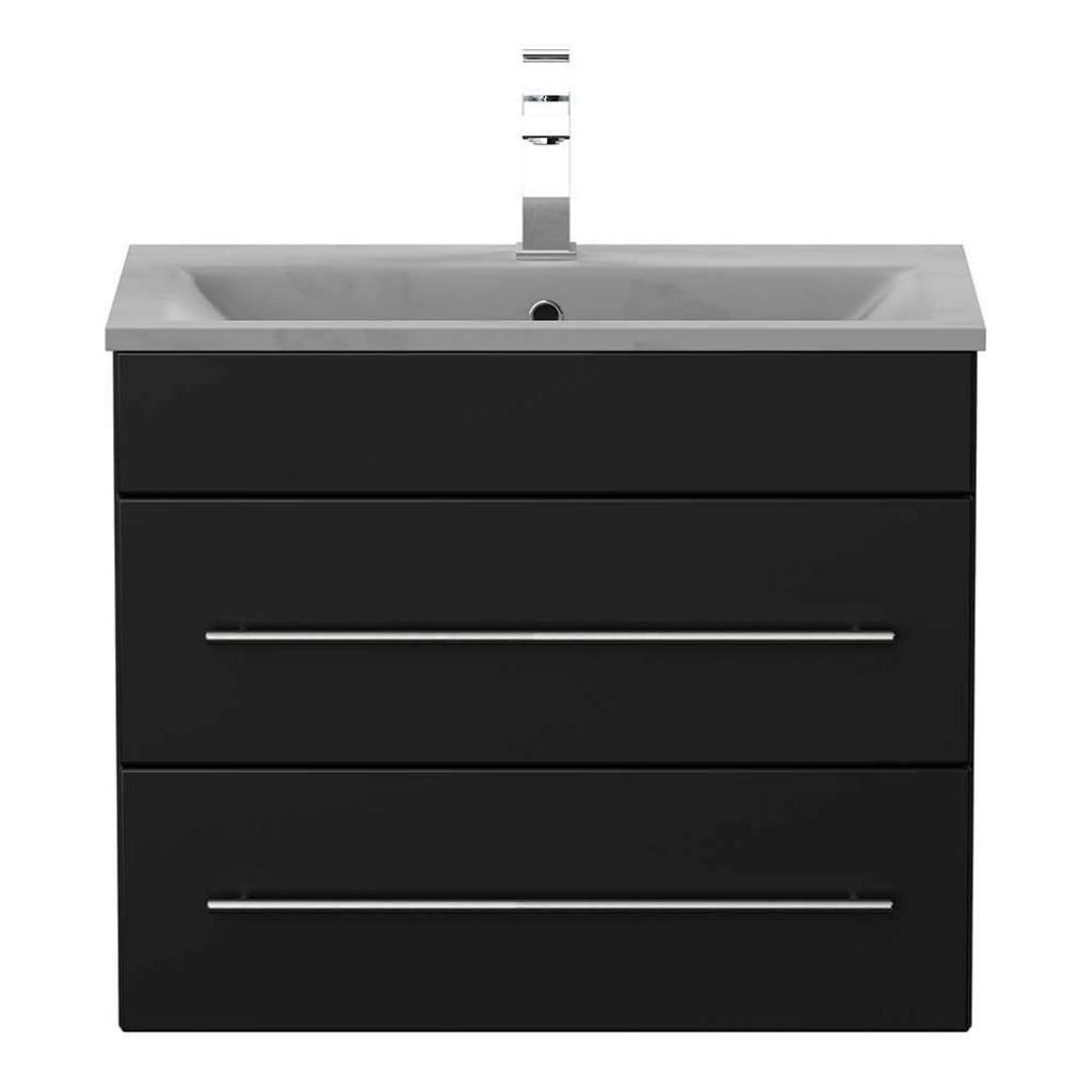 Waschschrank in Schwarz Seidenglanz Mineralgussbecken in Betongrau