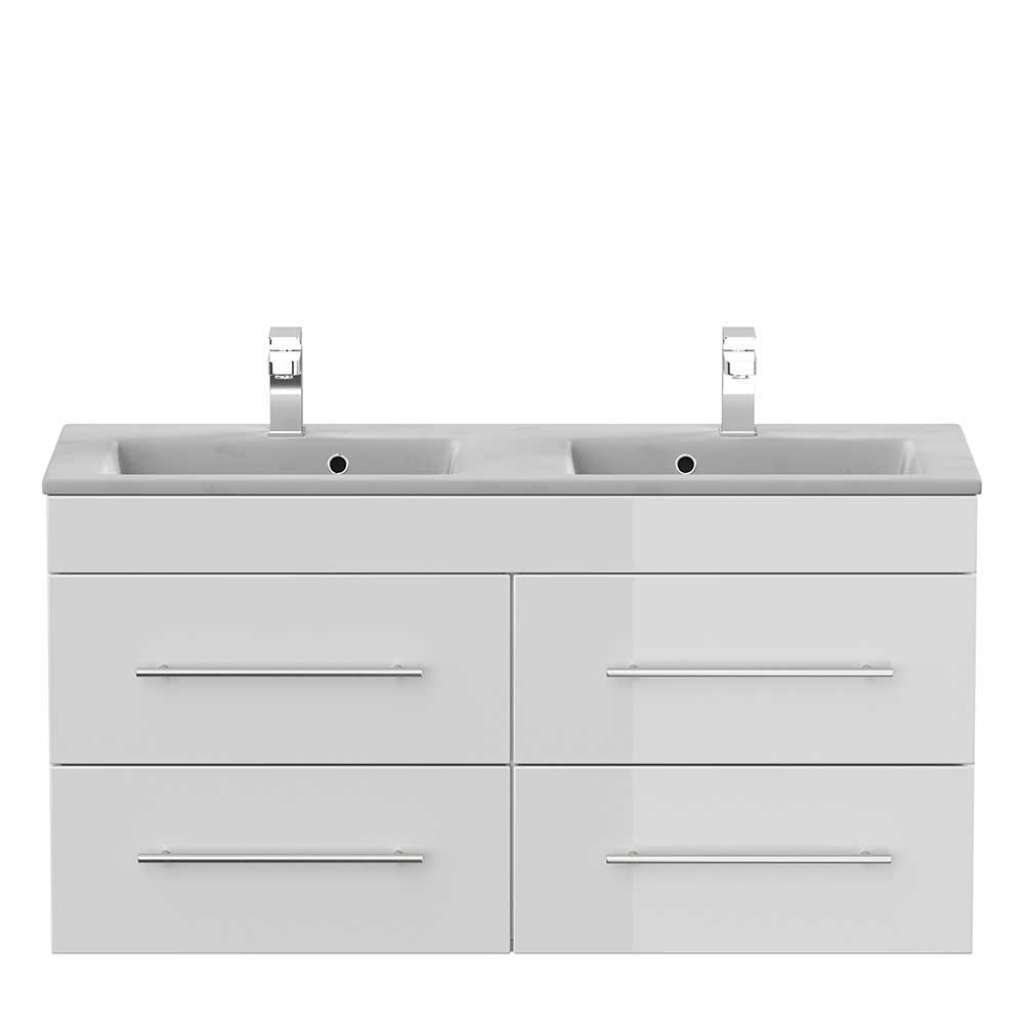 2er Waschtisch in Weiß Hochglanz Mineralgussbecken in Betongrau