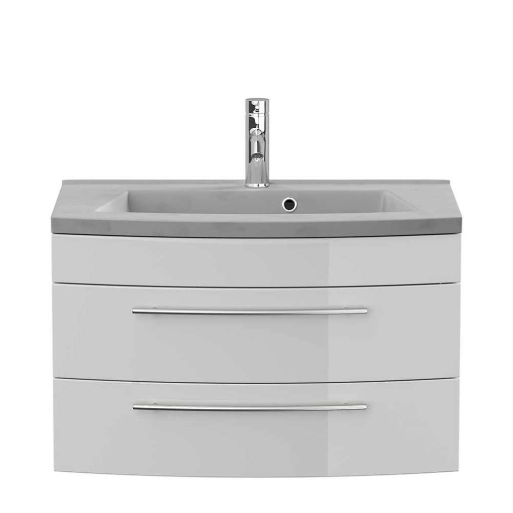 Hochglanz Waschbeckenschrank in Weiß Mineralgussbecken in Betongrau