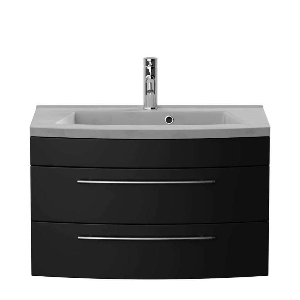 Schwarzer Waschbeckenschrank mit zwei Schubladen Mineralgussbecken in Betongrau