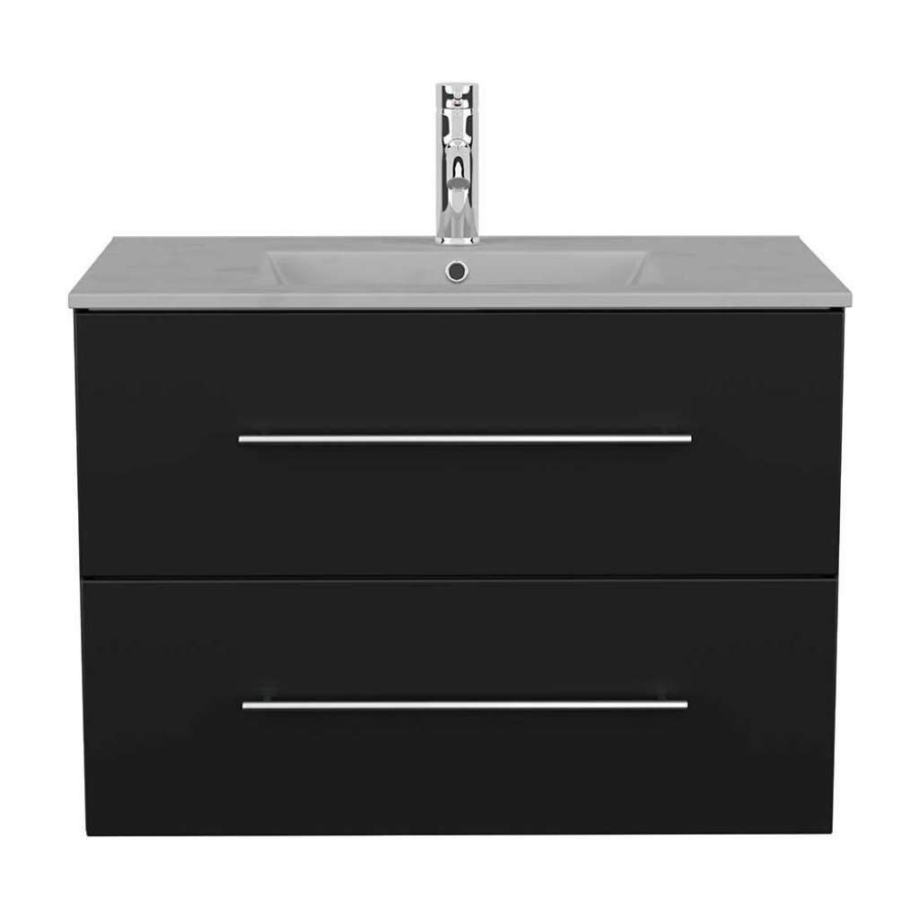Waschkommode in Schwarz Seidenglanz Mineralgussbecken in Betongrau