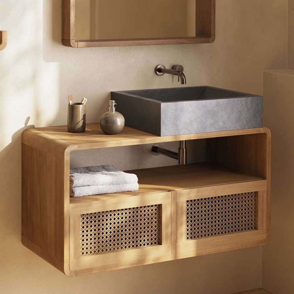 Waschtisch-Schrank aus Teakholz und Rattan zwei Schubladen