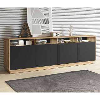 Wohnzimmer Sideboard in Wildeichefarben und Schwarz 75 cm hoch