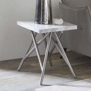 Beitisch mit weißer Marmorplatte Vierfußgestell aus Edelstahl