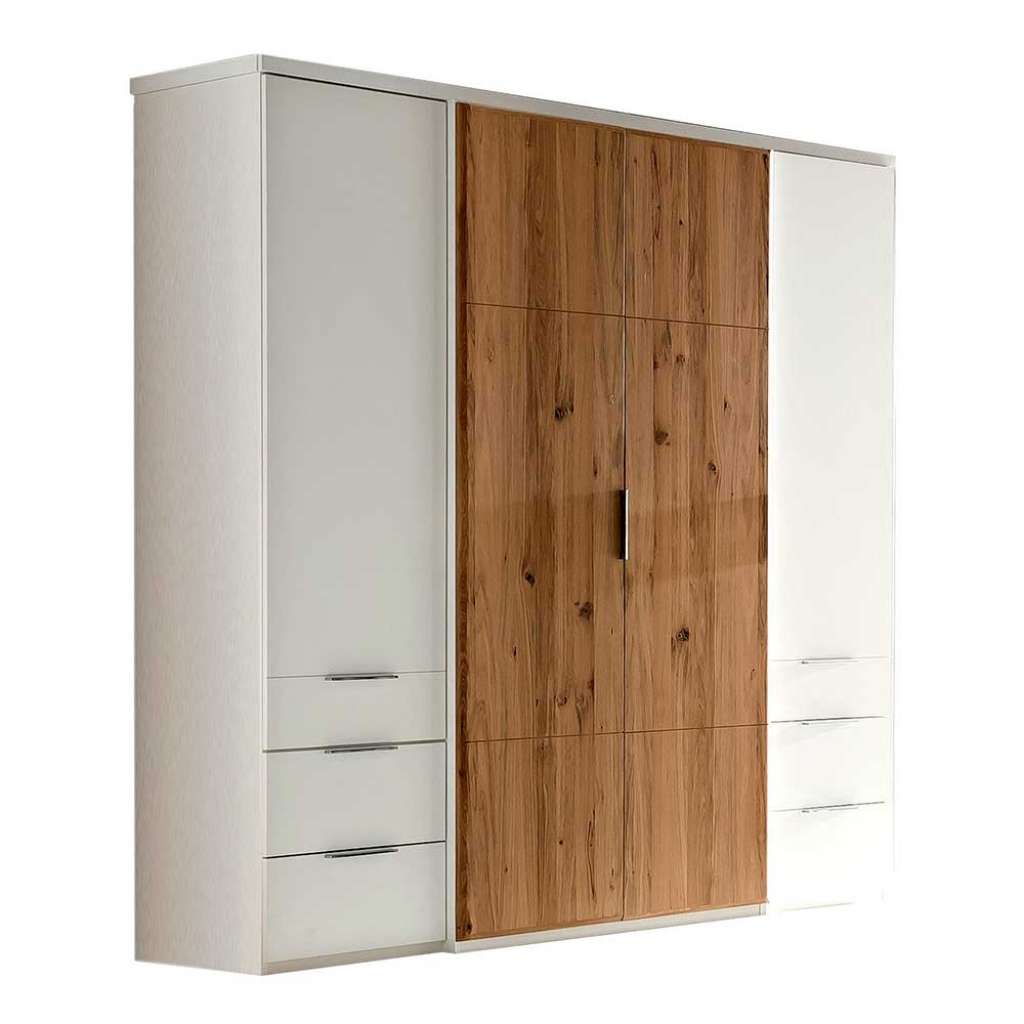 Kleiderschrank mit Schubladen in Asteiche Bianco und Weiß 218 cm hoch