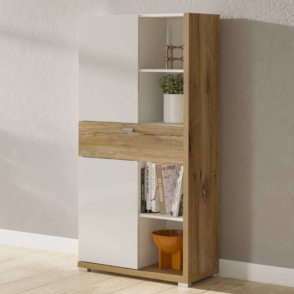 Vertiko Schrank im Skandi Design Eichefarben und Weiß